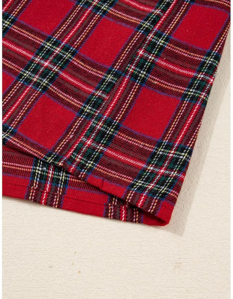 Red Plaid Contrast Patched Christmas Holiday Long Sleeve Shirt and Short 2pcs Pajama Set