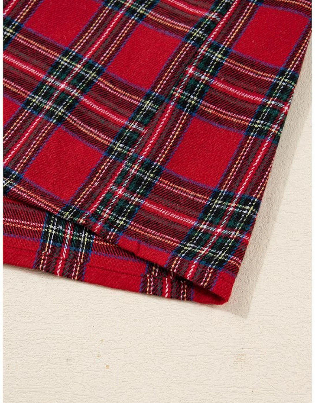 Red Plaid Contrast Patched Christmas Holiday Long Sleeve Shirt and Short 2pcs Pajama Set