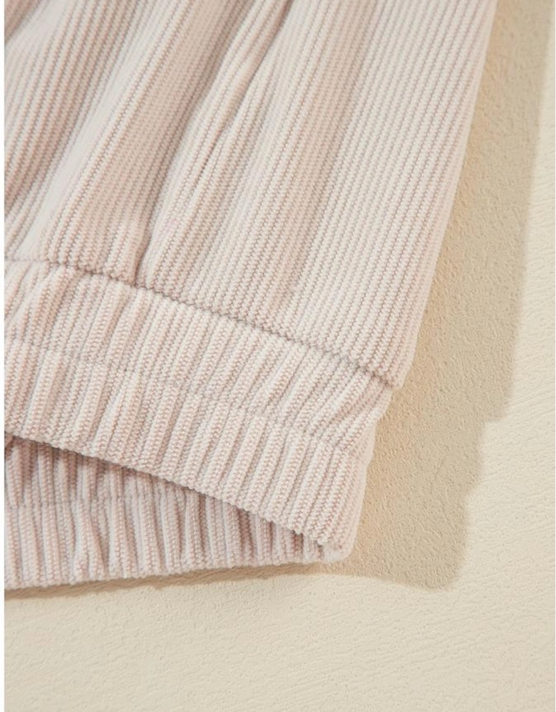 White Corduroy Drawstring Hooded Pocket Zip Up Jacket