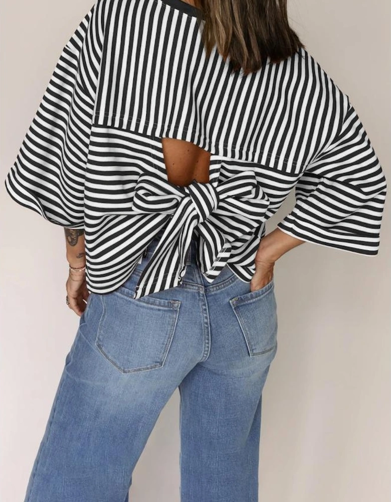 Black Stripe Bowknot Cutout Back Drop Shoulder Wide Bracelet Sleeve Loose Tee