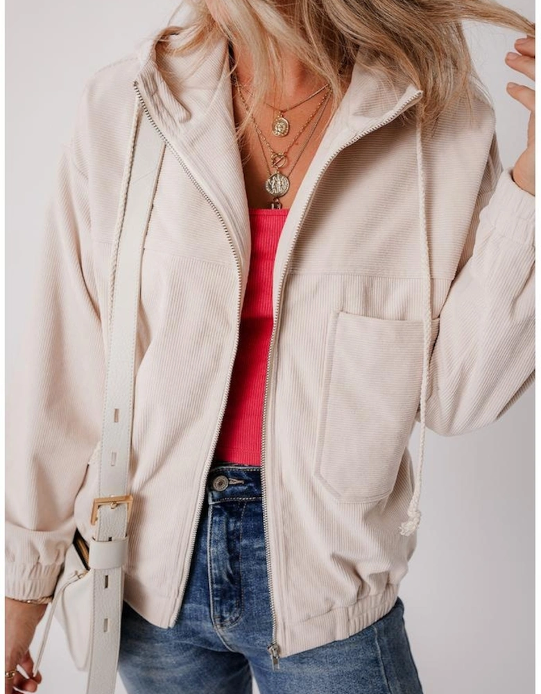 White Corduroy Drawstring Hooded Pocket Zip Up Jacket