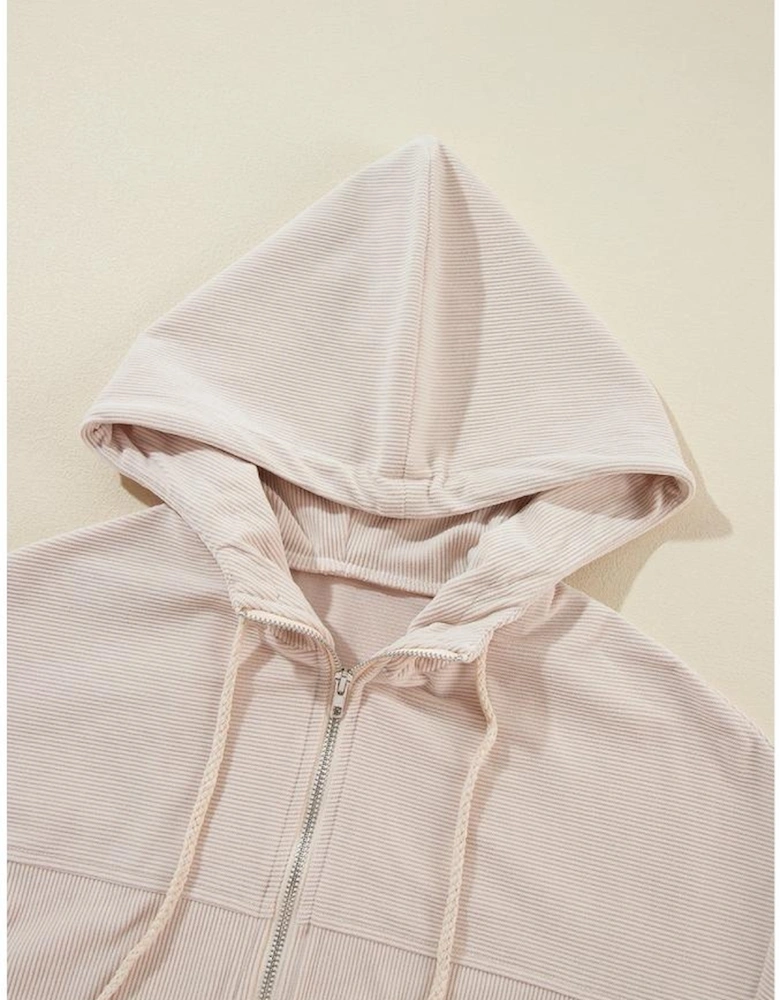 White Corduroy Drawstring Hooded Pocket Zip Up Jacket