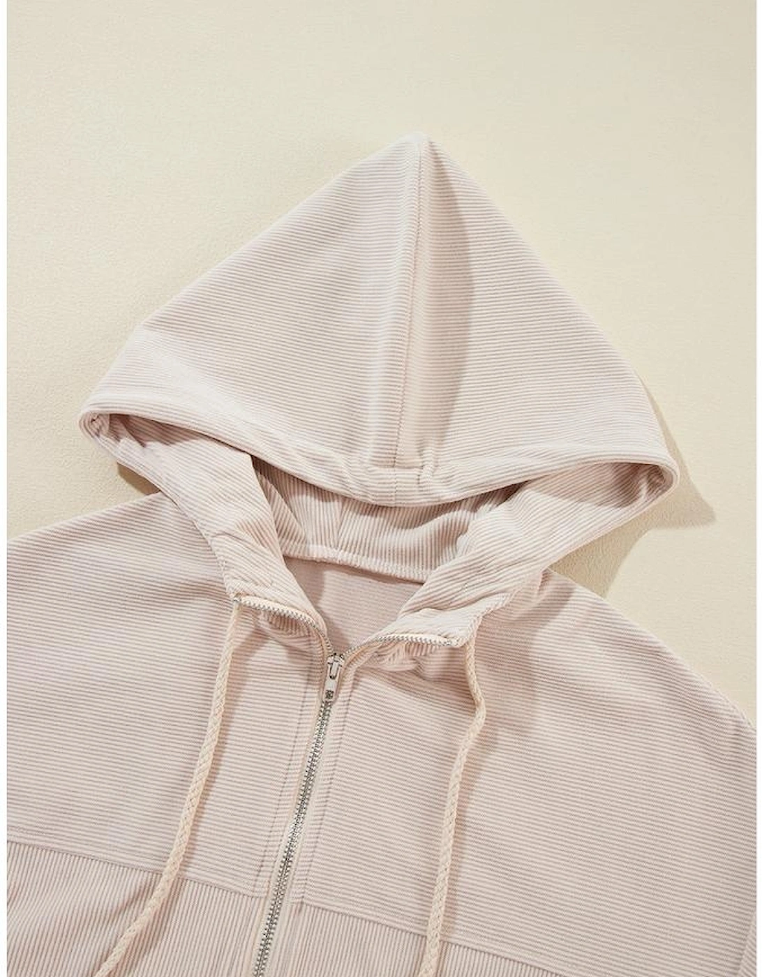 White Corduroy Drawstring Hooded Pocket Zip Up Jacket