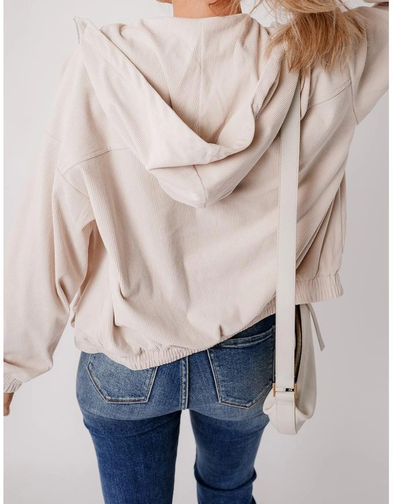 White Corduroy Drawstring Hooded Pocket Zip Up Jacket