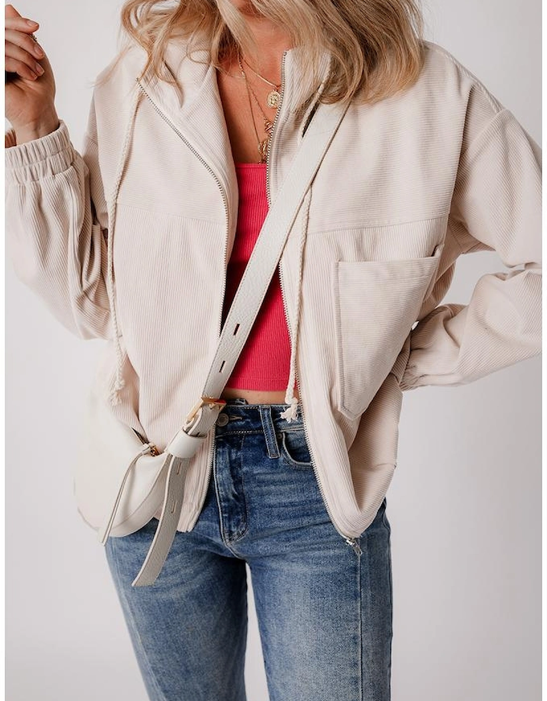 White Corduroy Drawstring Hooded Pocket Zip Up Jacket