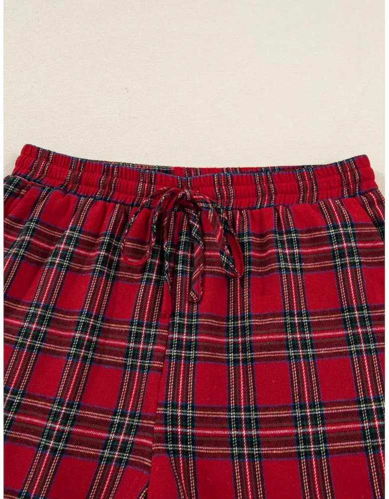 Red Plaid Contrast Patched Christmas Holiday Long Sleeve Shirt and Short 2pcs Pajama Set