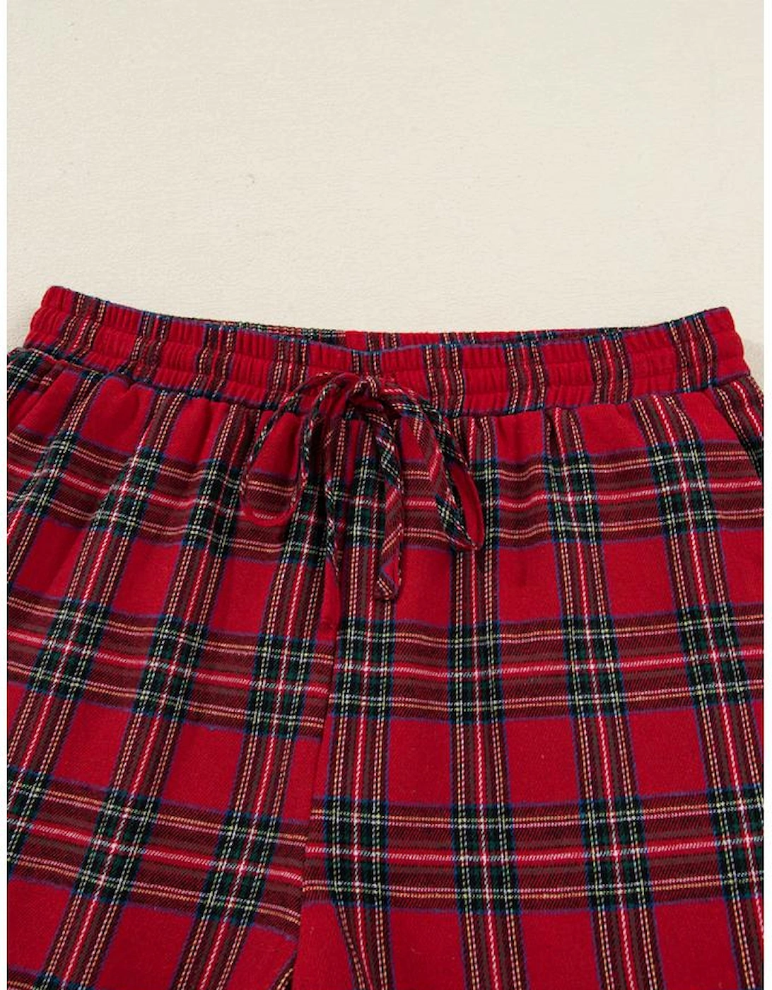 Red Plaid Contrast Patched Christmas Holiday Long Sleeve Shirt and Short 2pcs Pajama Set