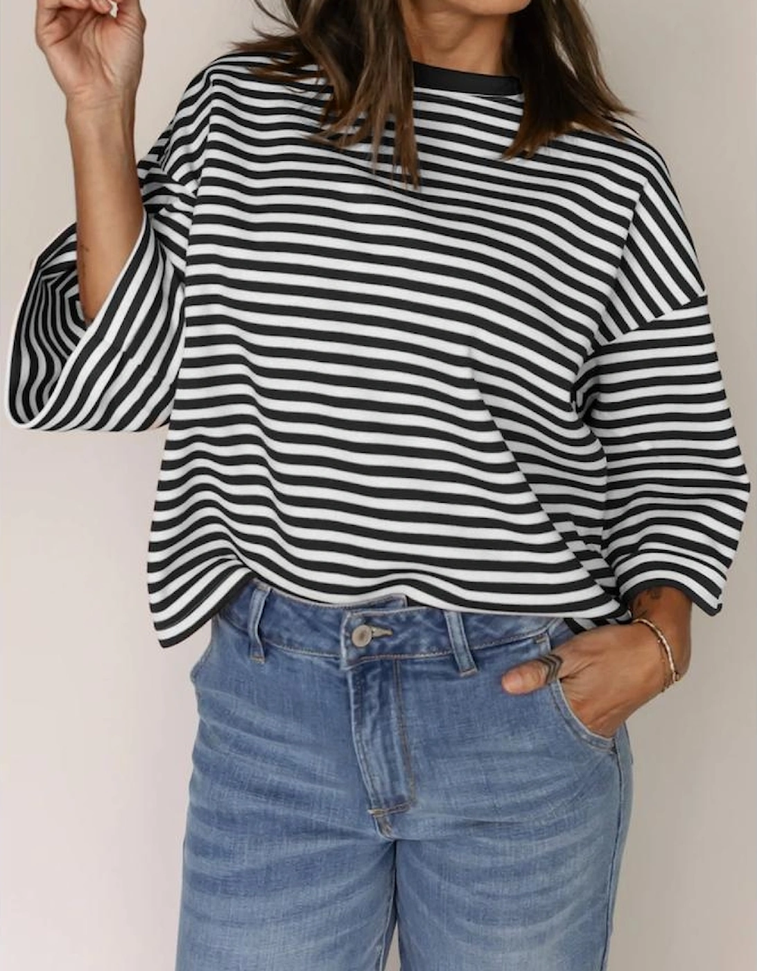 Black Stripe Bowknot Cutout Back Drop Shoulder Wide Bracelet Sleeve Loose Tee, 5 of 4