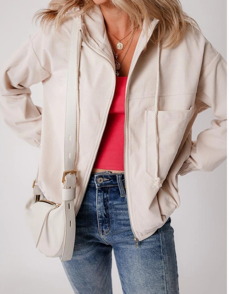 White Corduroy Drawstring Hooded Pocket Zip Up Jacket