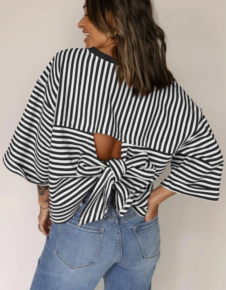 Black Stripe Bowknot Cutout Back Drop Shoulder Wide Bracelet Sleeve Loose Tee