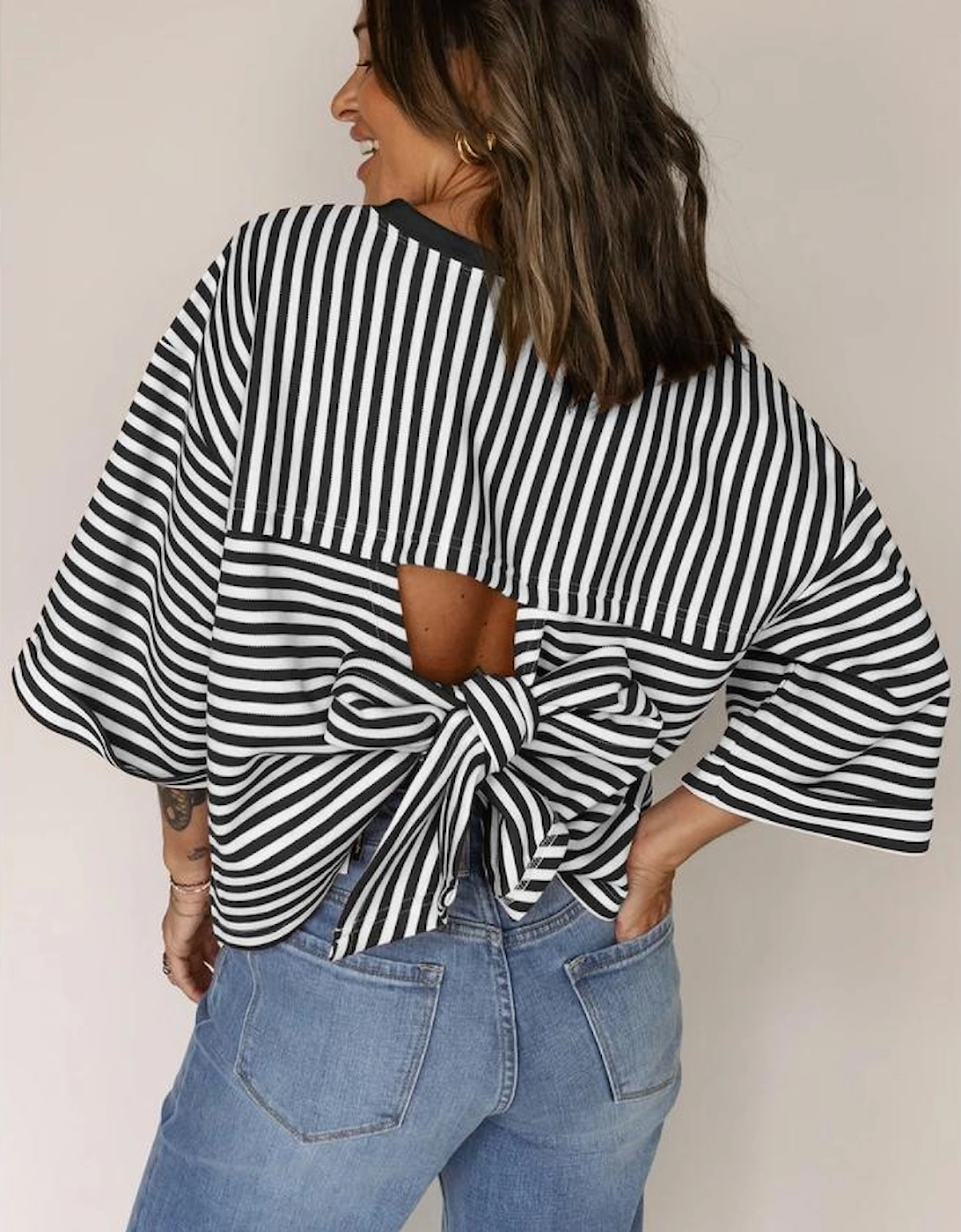 Black Stripe Bowknot Cutout Back Drop Shoulder Wide Bracelet Sleeve Loose Tee