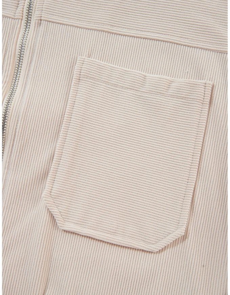 White Corduroy Drawstring Hooded Pocket Zip Up Jacket