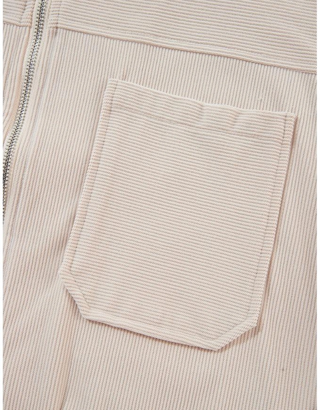 White Corduroy Drawstring Hooded Pocket Zip Up Jacket