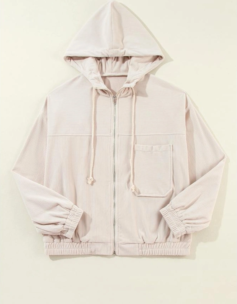 White Corduroy Drawstring Hooded Pocket Zip Up Jacket