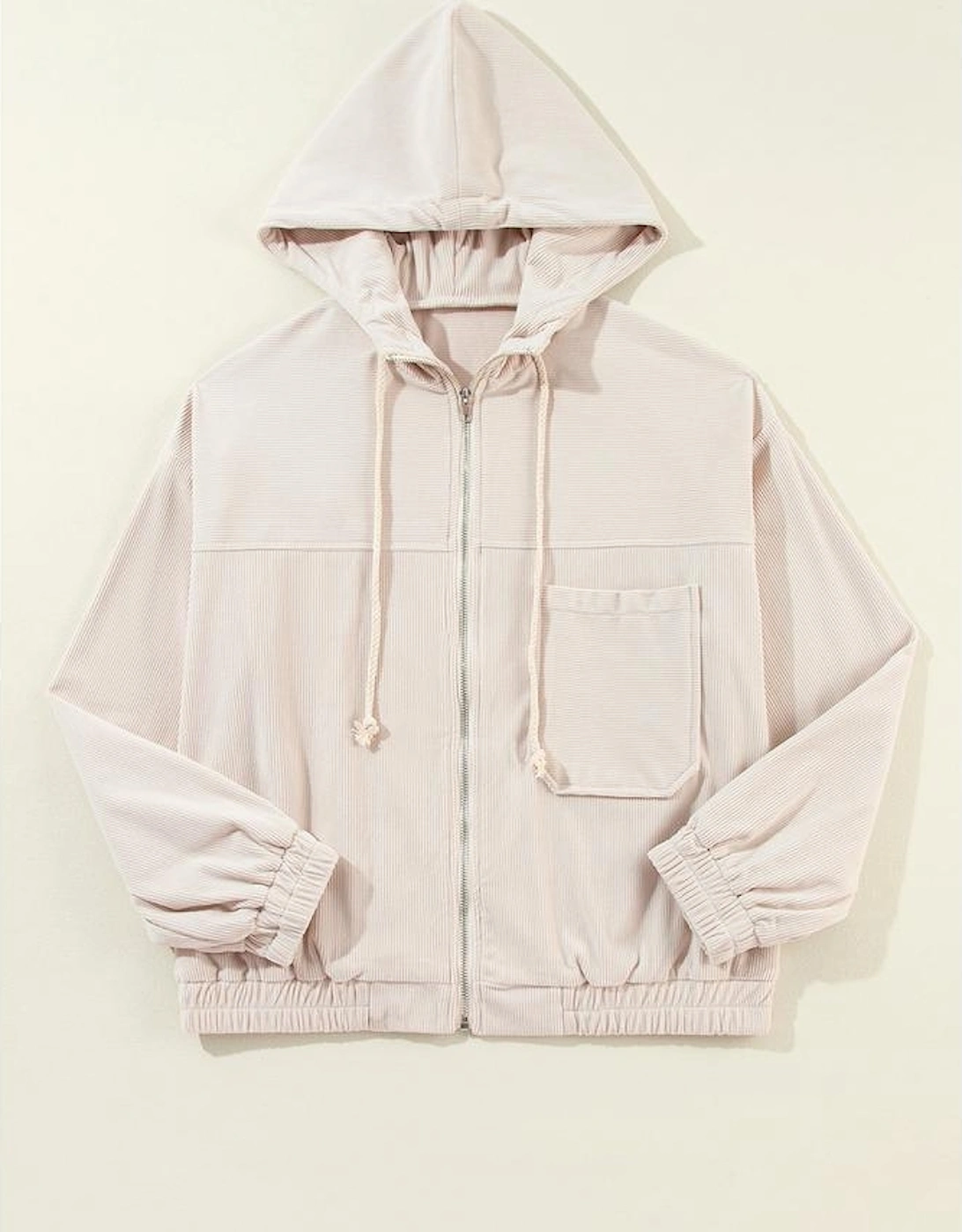 White Corduroy Drawstring Hooded Pocket Zip Up Jacket