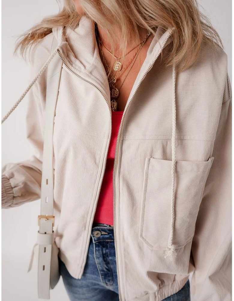 White Corduroy Drawstring Hooded Pocket Zip Up Jacket