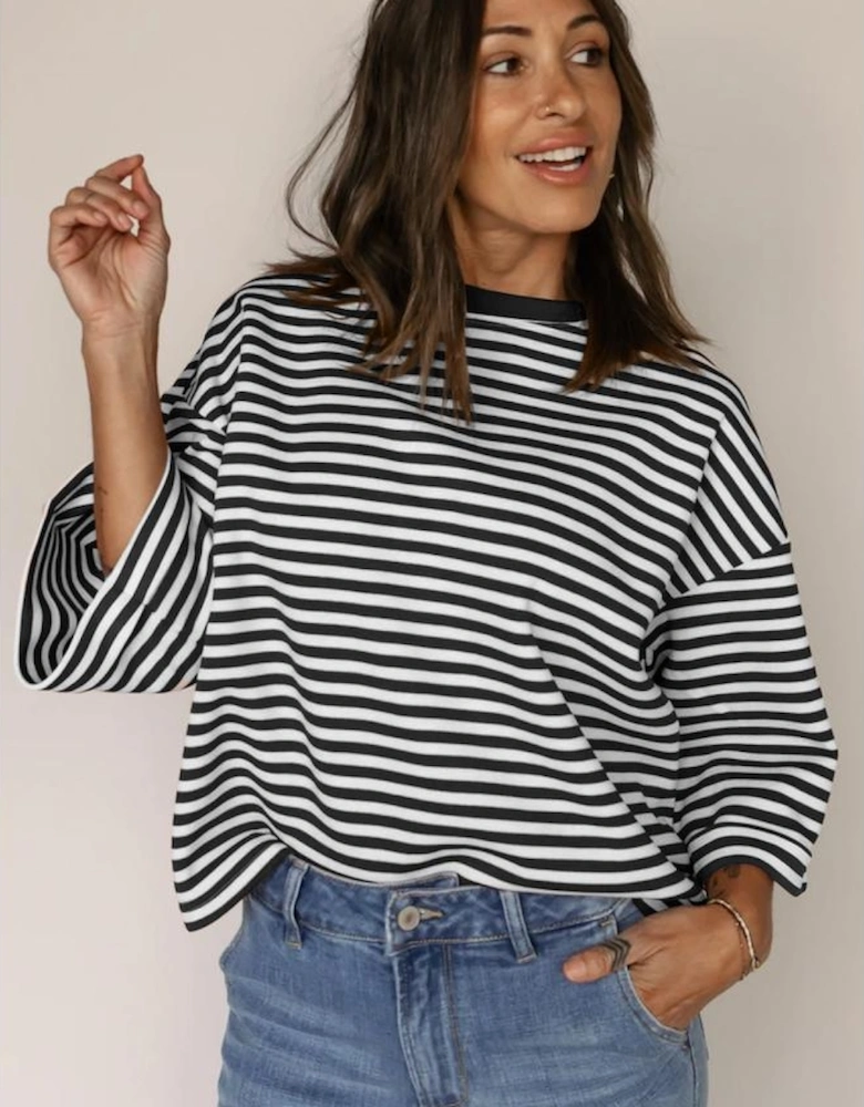 Black Stripe Bowknot Cutout Back Drop Shoulder Wide Bracelet Sleeve Loose Tee