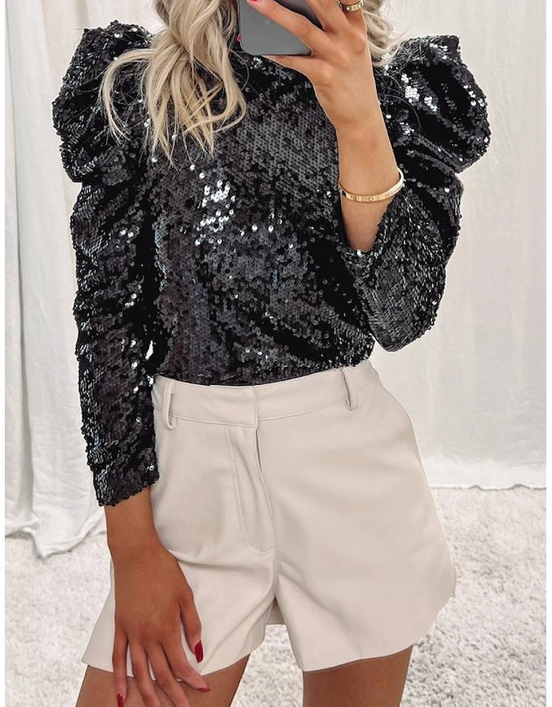 Black Sequin Mock Neck Bubble Sleeve Top, 9 of 8