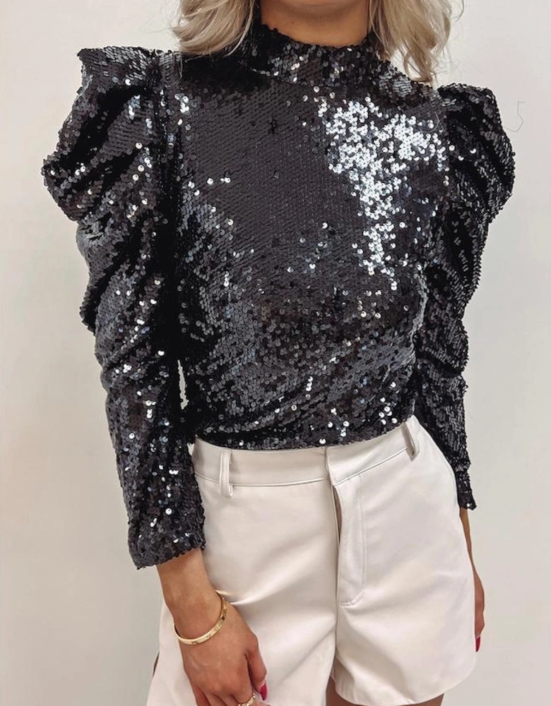 Black Sequin Mock Neck Bubble Sleeve Top