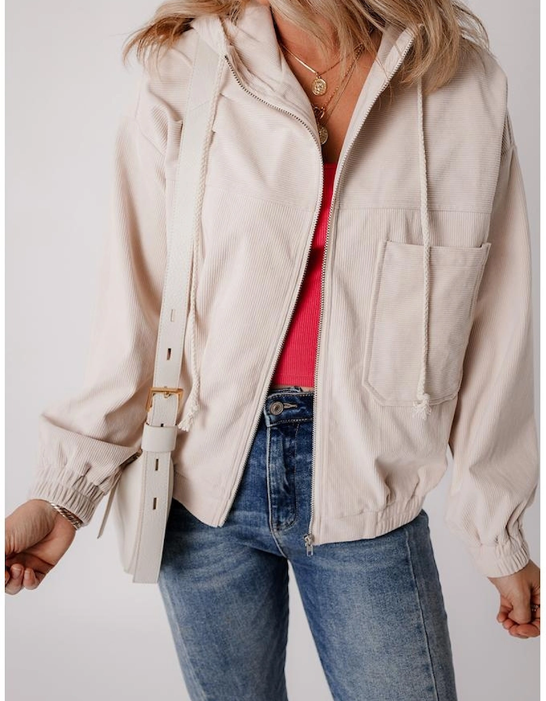 White Corduroy Drawstring Hooded Pocket Zip Up Jacket