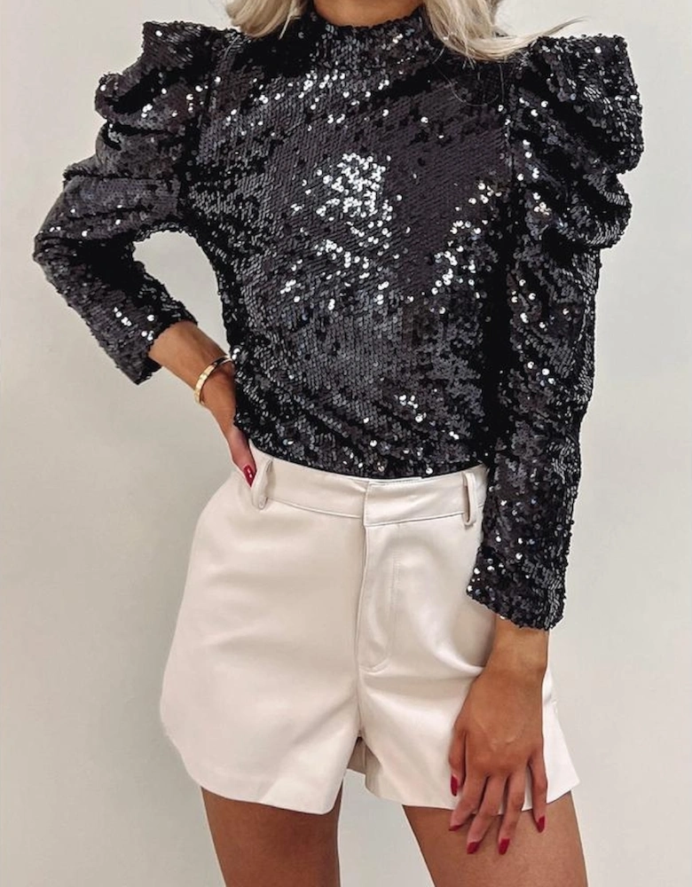 Black Sequin Mock Neck Bubble Sleeve Top