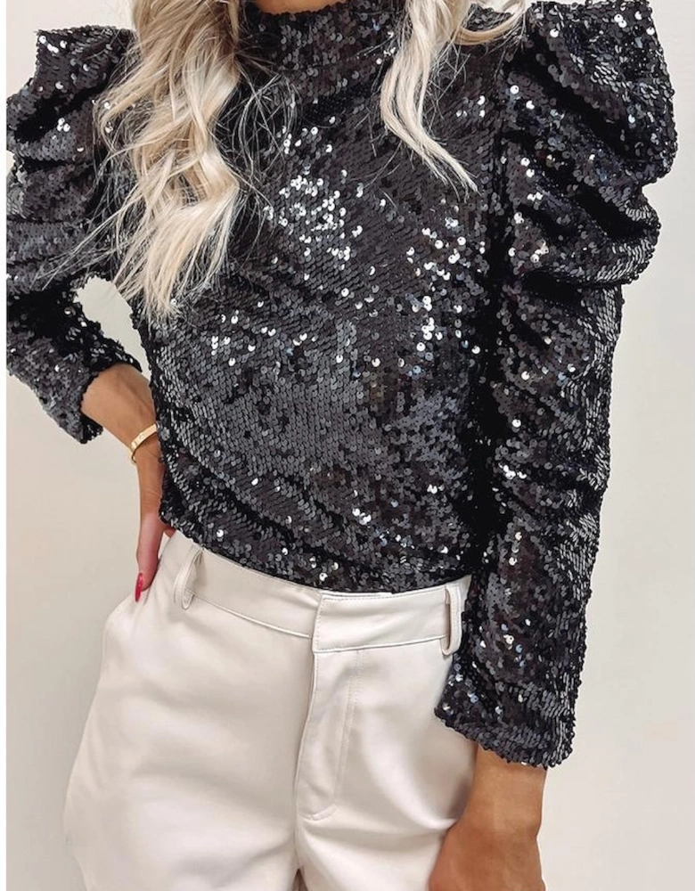 Black Sequin Mock Neck Bubble Sleeve Top