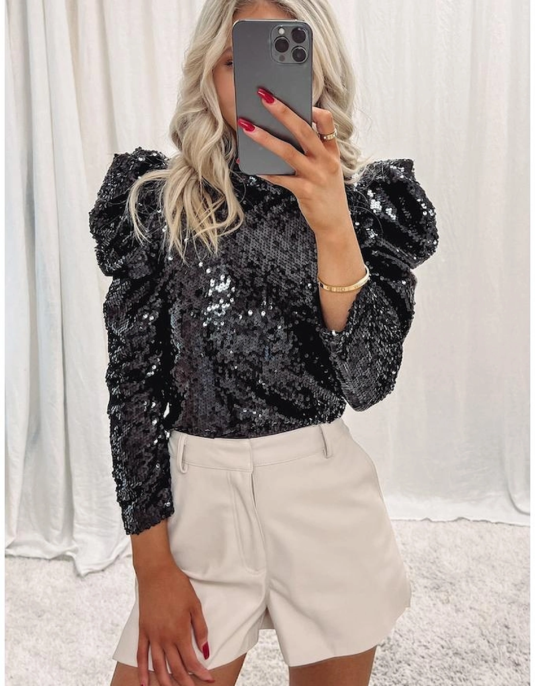 Black Sequin Mock Neck Bubble Sleeve Top