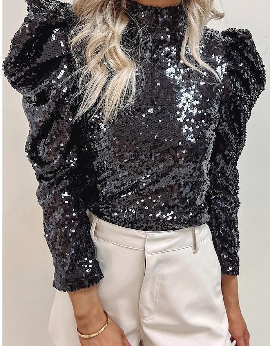 Black Sequin Mock Neck Bubble Sleeve Top