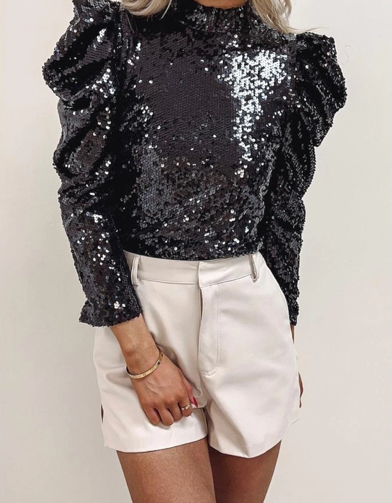 Black Sequin Mock Neck Bubble Sleeve Top