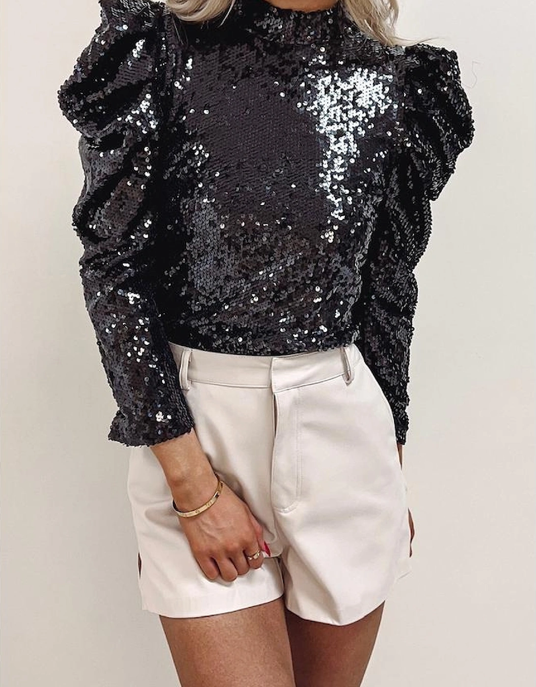 Black Sequin Mock Neck Bubble Sleeve Top
