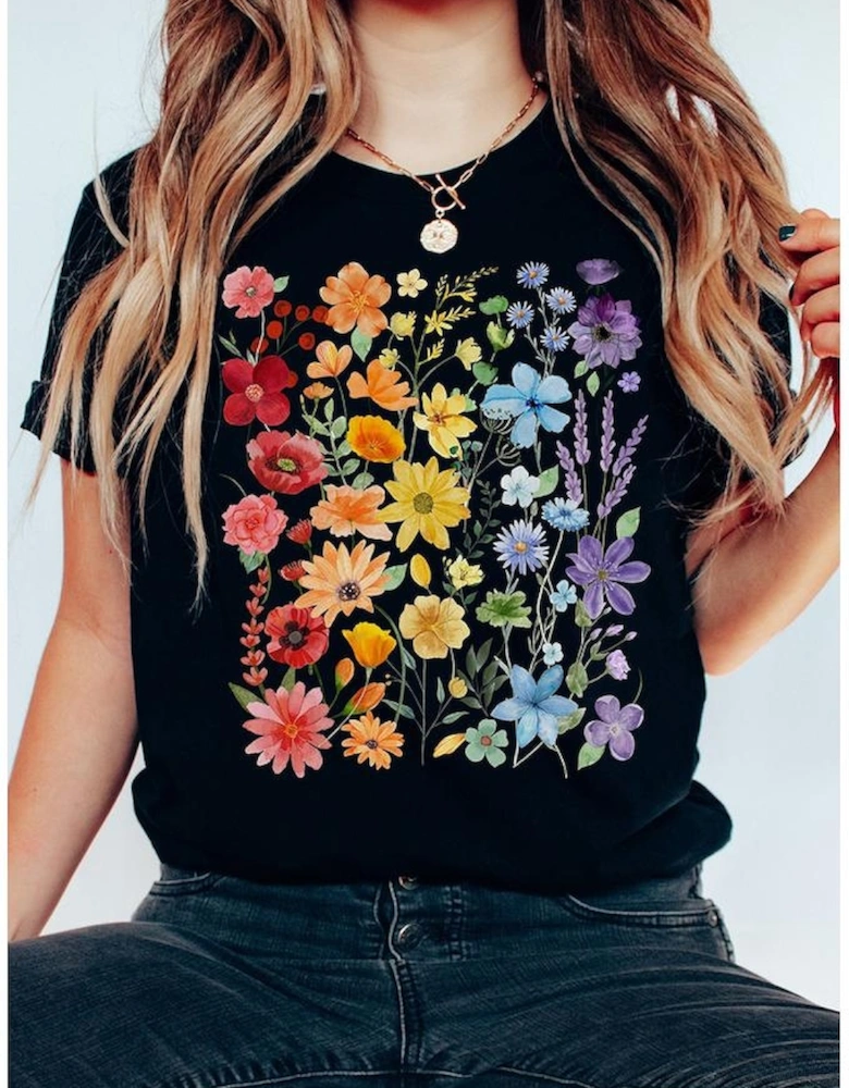 Black Beautiful Flower Print Cotton Blend Casual Tee