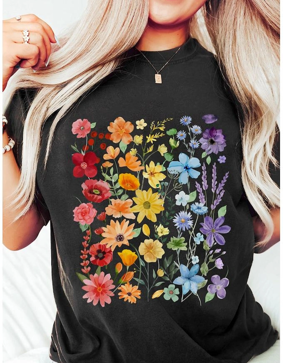 Black Beautiful Flower Print Cotton Blend Casual Tee