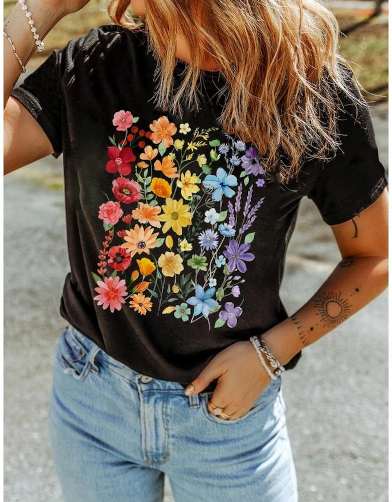 Black Beautiful Flower Print Cotton Blend Casual Tee