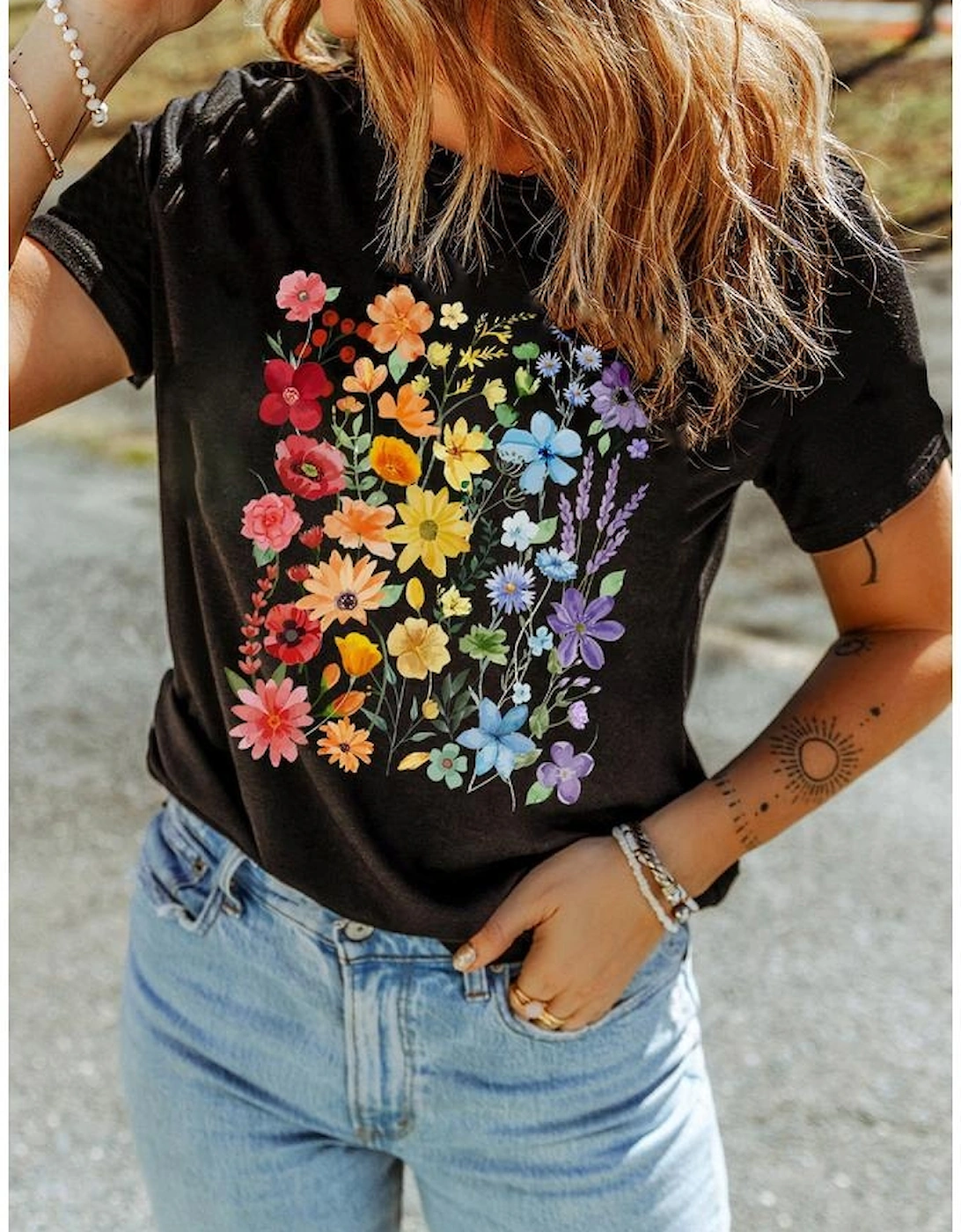 Black Beautiful Flower Print Cotton Blend Casual Tee