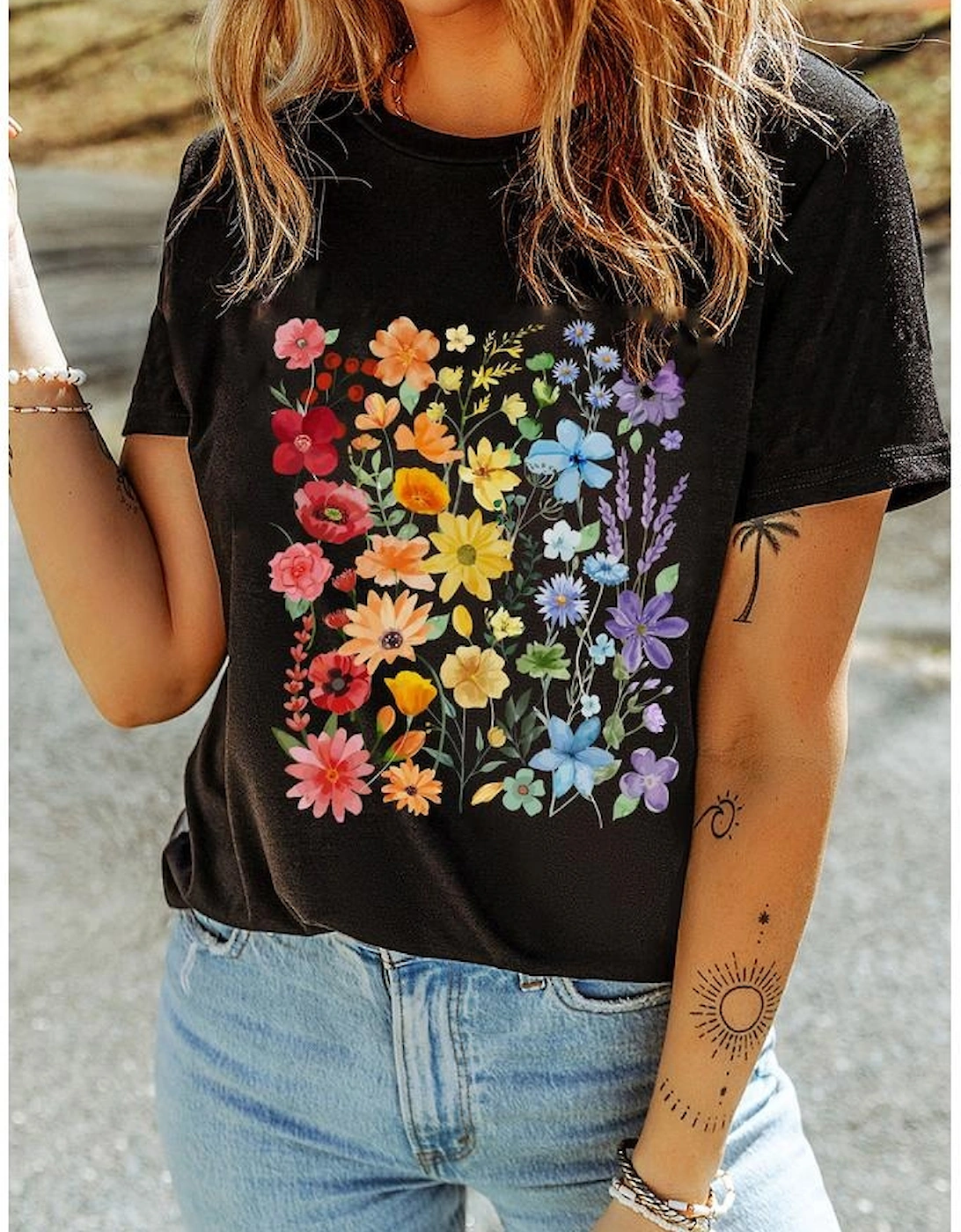 Black Beautiful Flower Print Cotton Blend Casual Tee