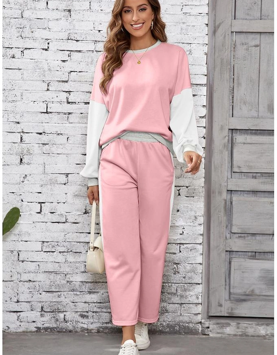 Light Pink 2pcs Color Block Pullover Loose Pant Set