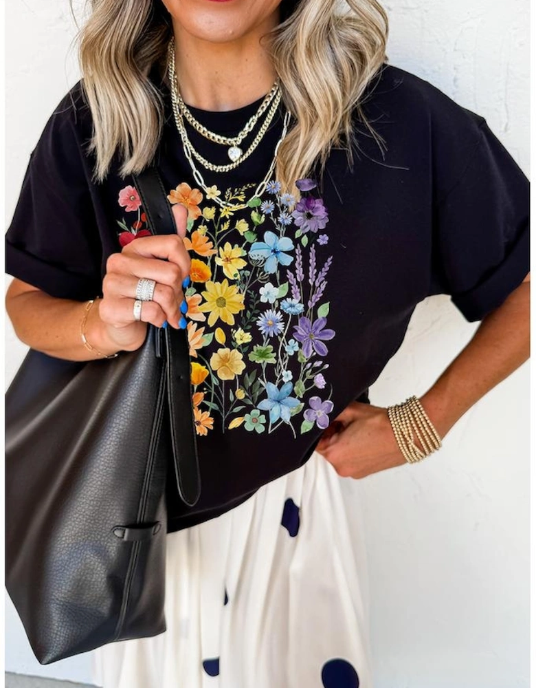 Black Beautiful Flower Print Cotton Blend Casual Tee