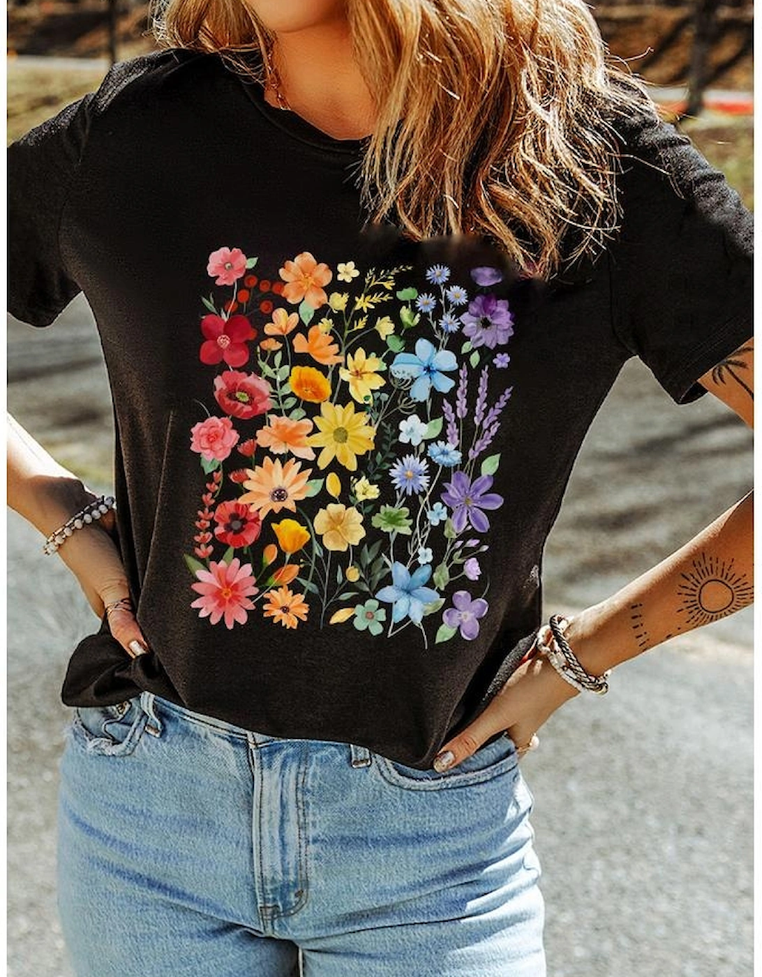 Black Beautiful Flower Print Cotton Blend Casual Tee