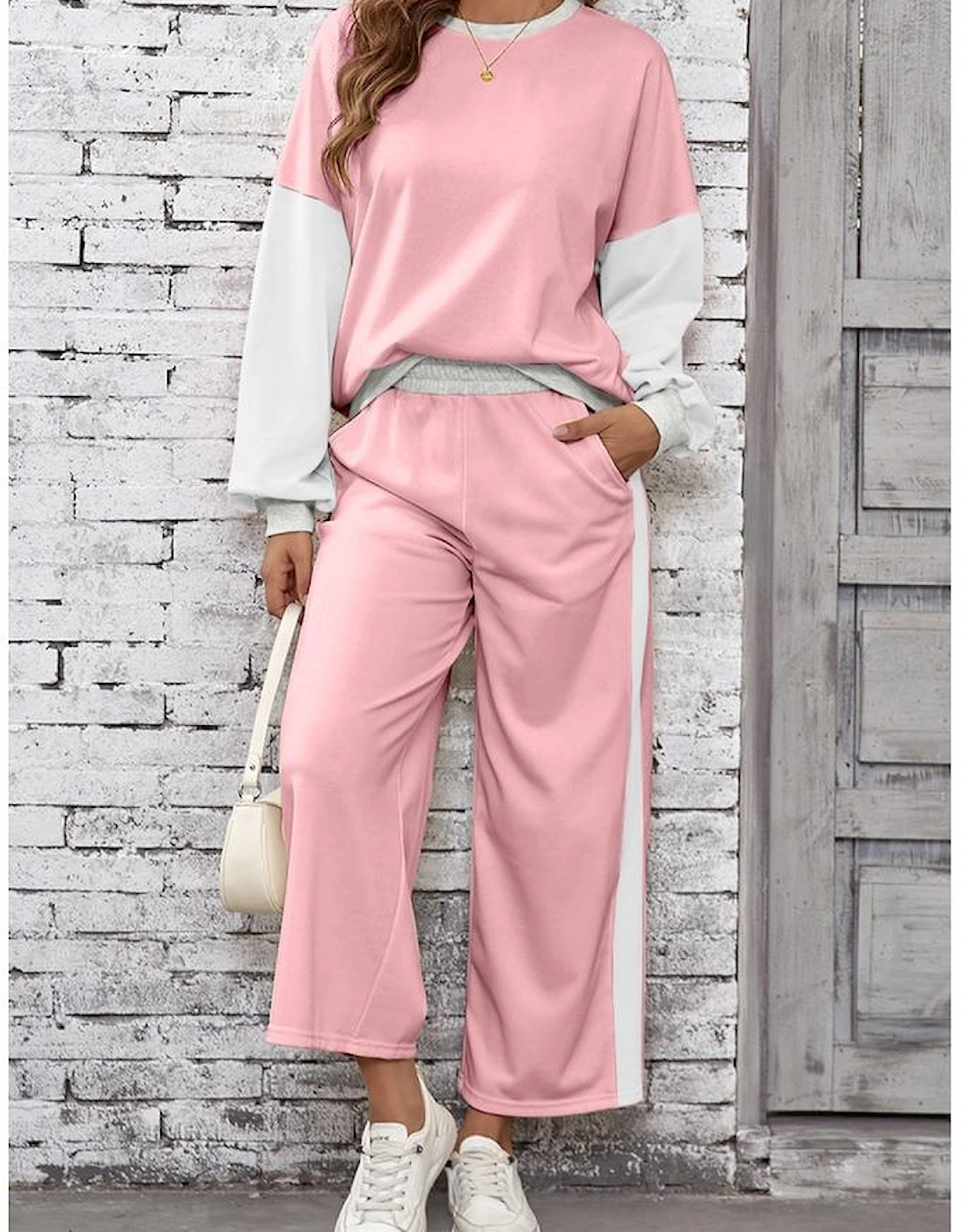 Light Pink 2pcs Color Block Pullover Loose Pant Set