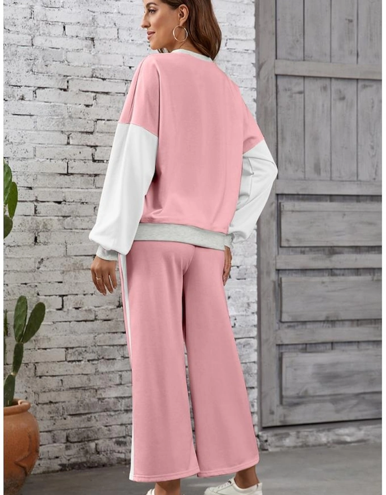 Light Pink 2pcs Color Block Pullover Loose Pant Set