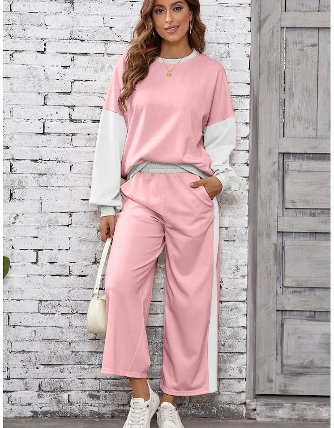 Light Pink 2pcs Color Block Pullover Loose Pant Set