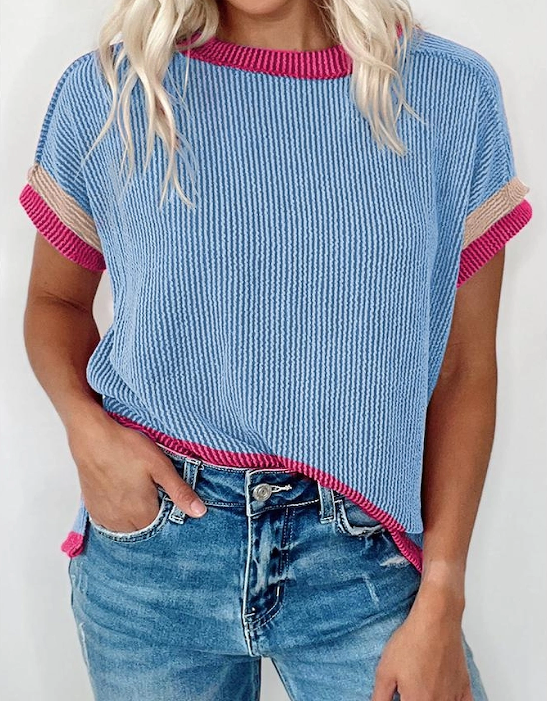 Sky Blue Textured Contrast Trim Round Neck T Shirt