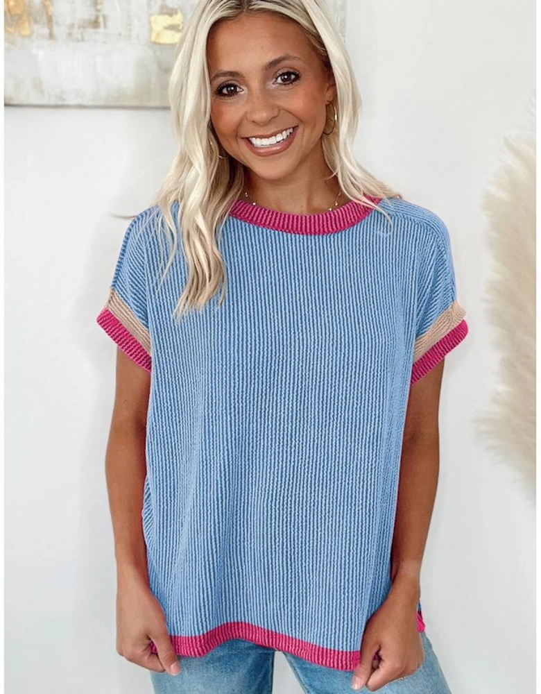Sky Blue Textured Contrast Trim Round Neck T Shirt