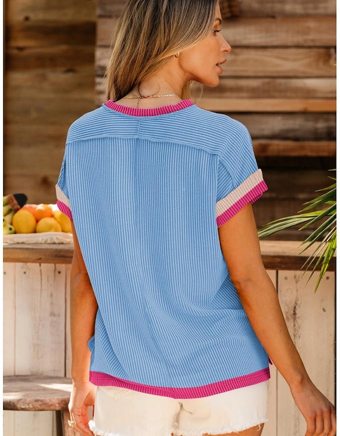 Sky Blue Textured Contrast Trim Round Neck T Shirt, 12 of 11