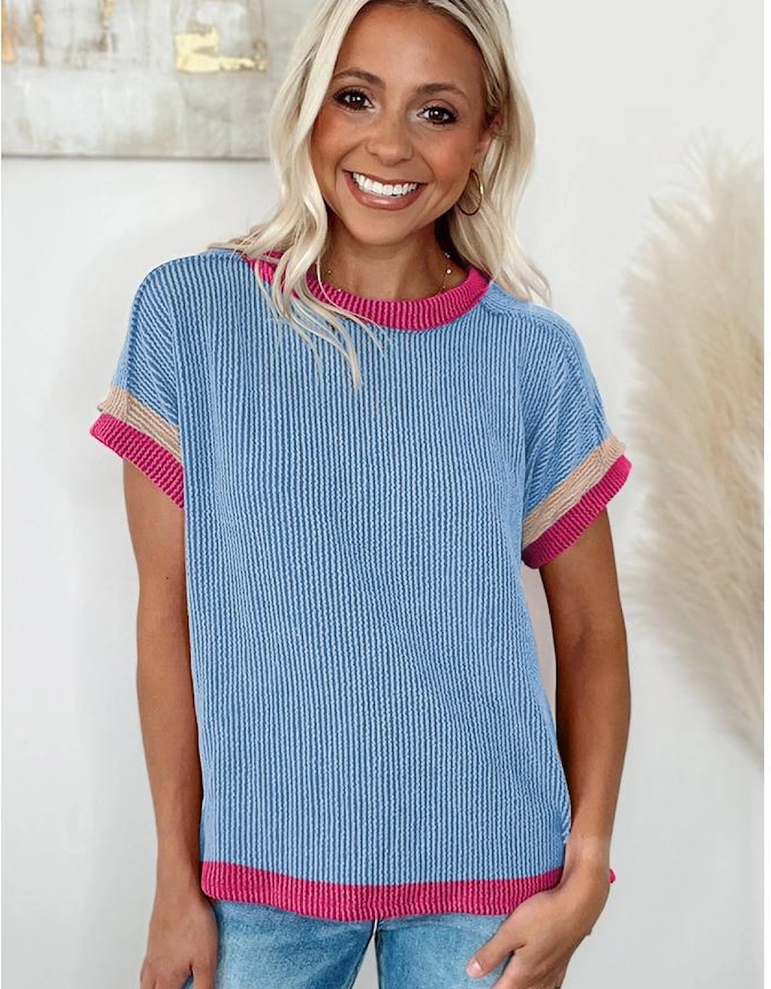 Sky Blue Textured Contrast Trim Round Neck T Shirt