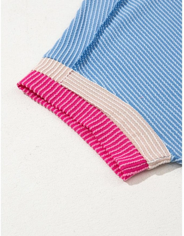 Sky Blue Textured Contrast Trim Round Neck T Shirt