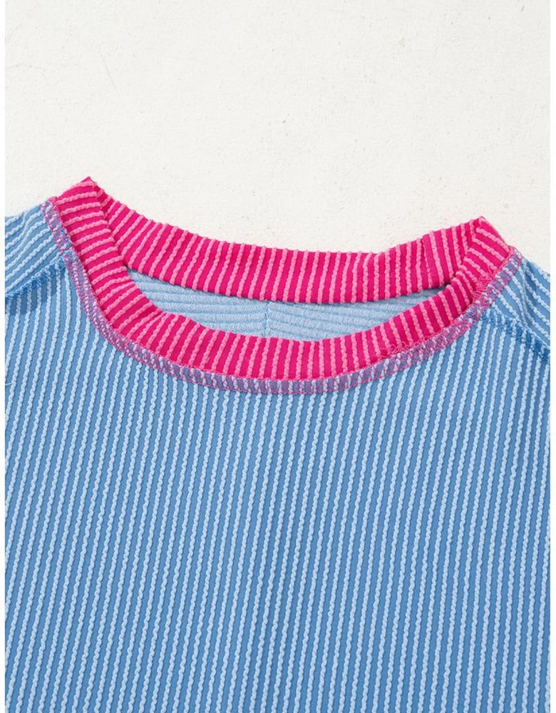Sky Blue Textured Contrast Trim Round Neck T Shirt