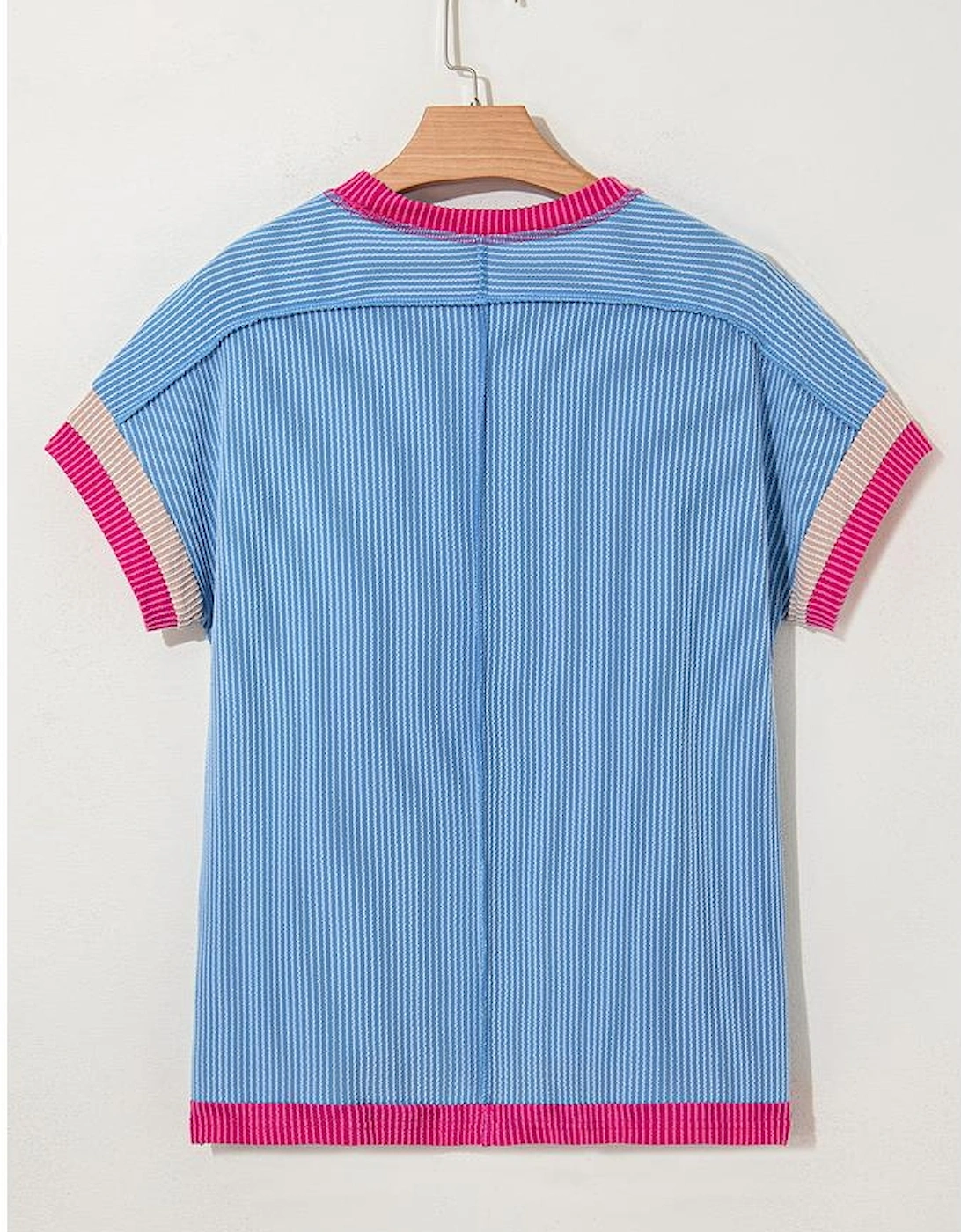 Sky Blue Textured Contrast Trim Round Neck T Shirt