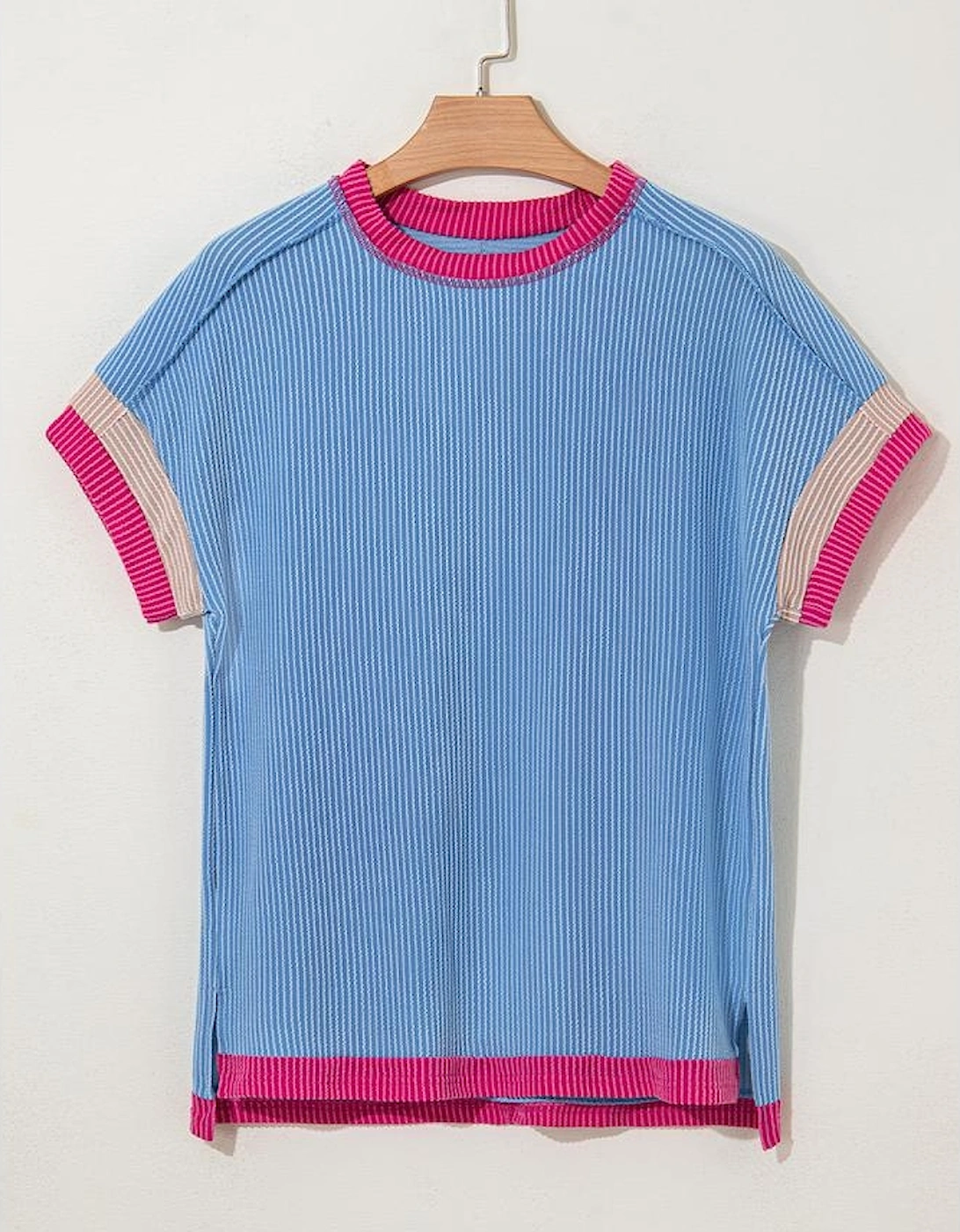 Sky Blue Textured Contrast Trim Round Neck T Shirt