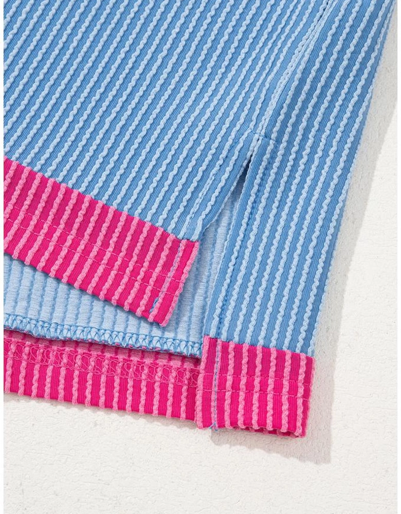 Sky Blue Textured Contrast Trim Round Neck T Shirt